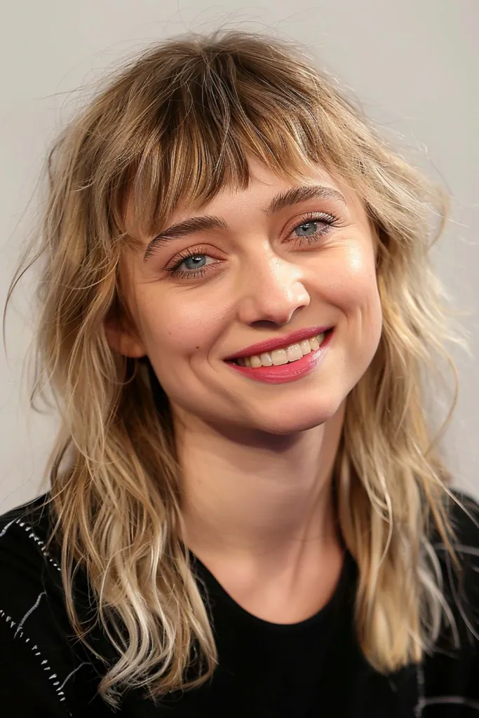 Coupe texturée moyenne avec frange courte ajoutant une touche chic et moderne aux cheveux moyens à épais' title=