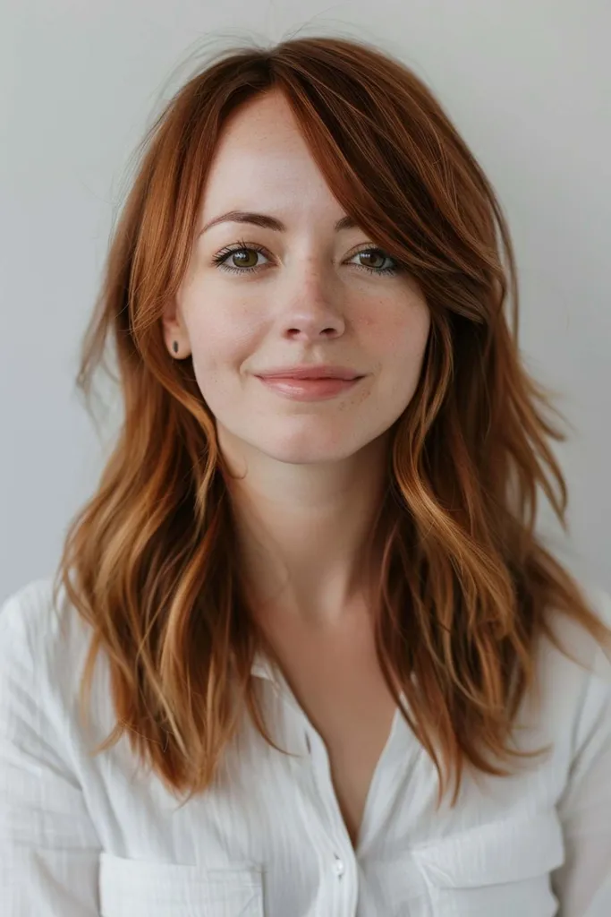 Coupe de cheveux moyenne avec des couches épaisses ajoutant du volume et de la dimension, idéale pour les cheveux plus épais' title=