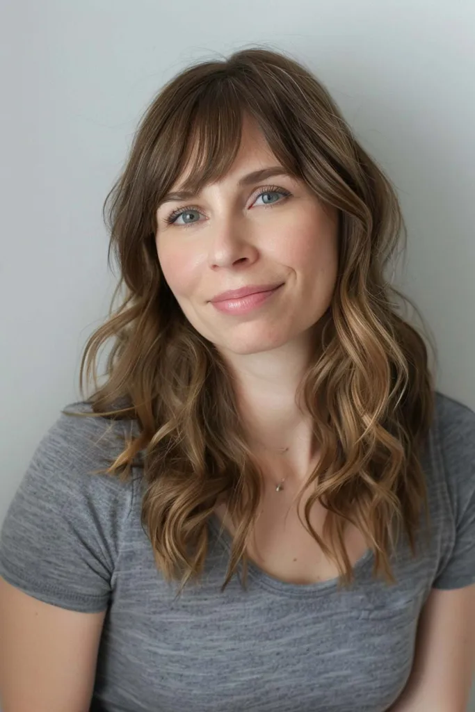 Coupe de cheveux mi-longue avec frange latérale ajoutant une touche douce et romantique aux cheveux fins à moyens' title=