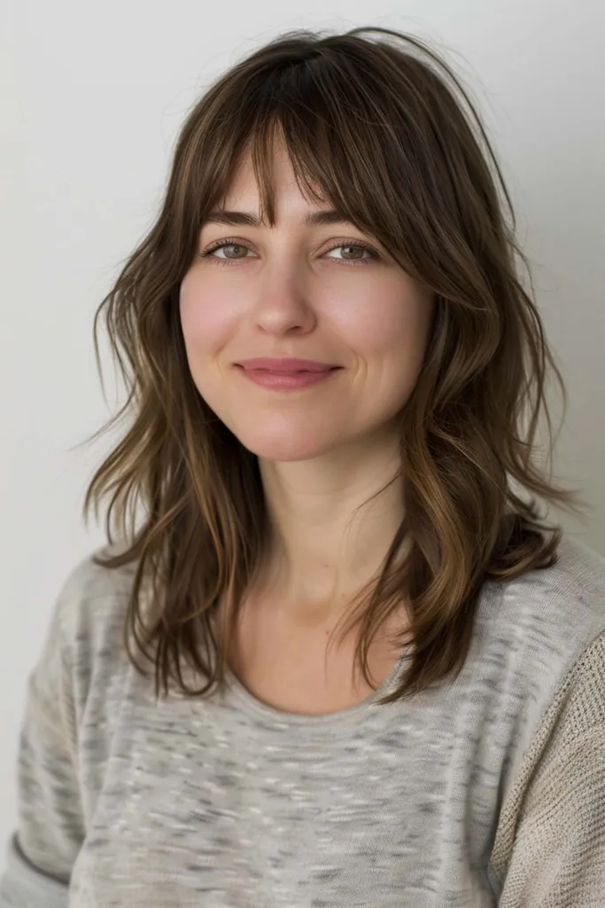 Coupe de cheveux brune shag avec des couches agitées ajoutant de la texture et du volume pour un look ébouriffé décontracté' title=