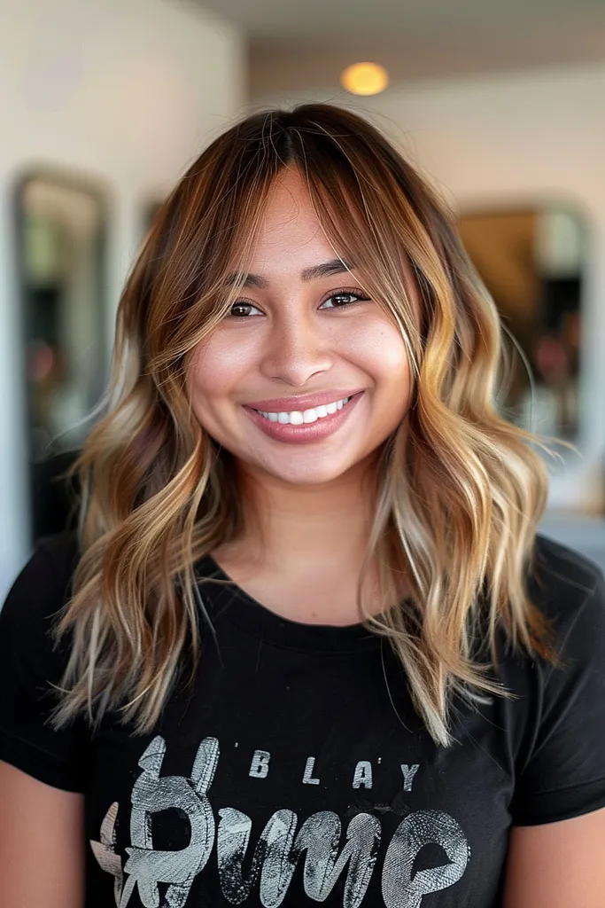 Coupe de cheveux moyenne agitée avec une frange en rideau ajoutant de la texture et du mouvement, idéale pour les cheveux de densité moyenne' title=