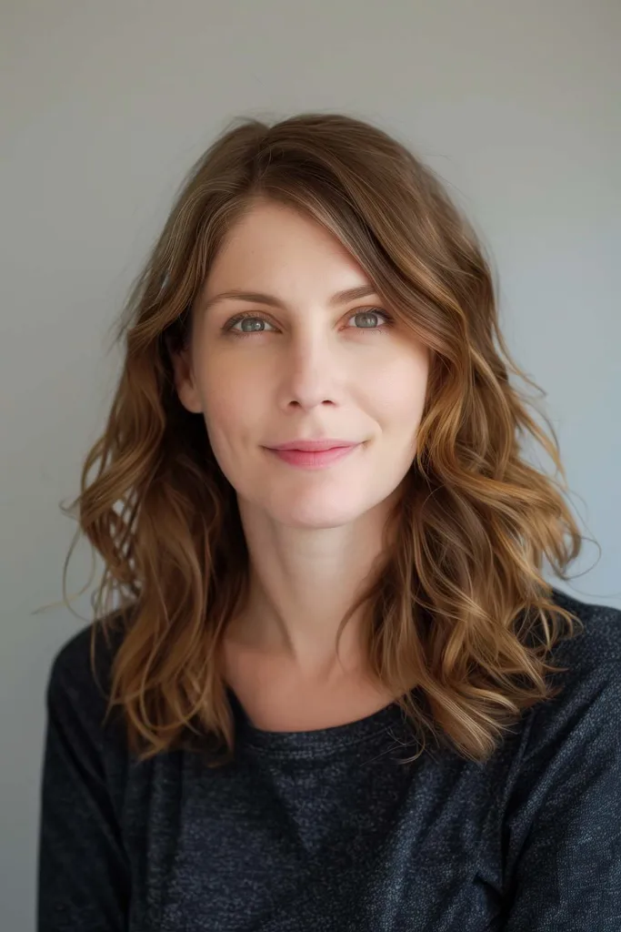 Coupe de cheveux mi-longue avec une partie latérale apportant du volume et du mouvement idéale pour les cheveux fins à moyens' title=