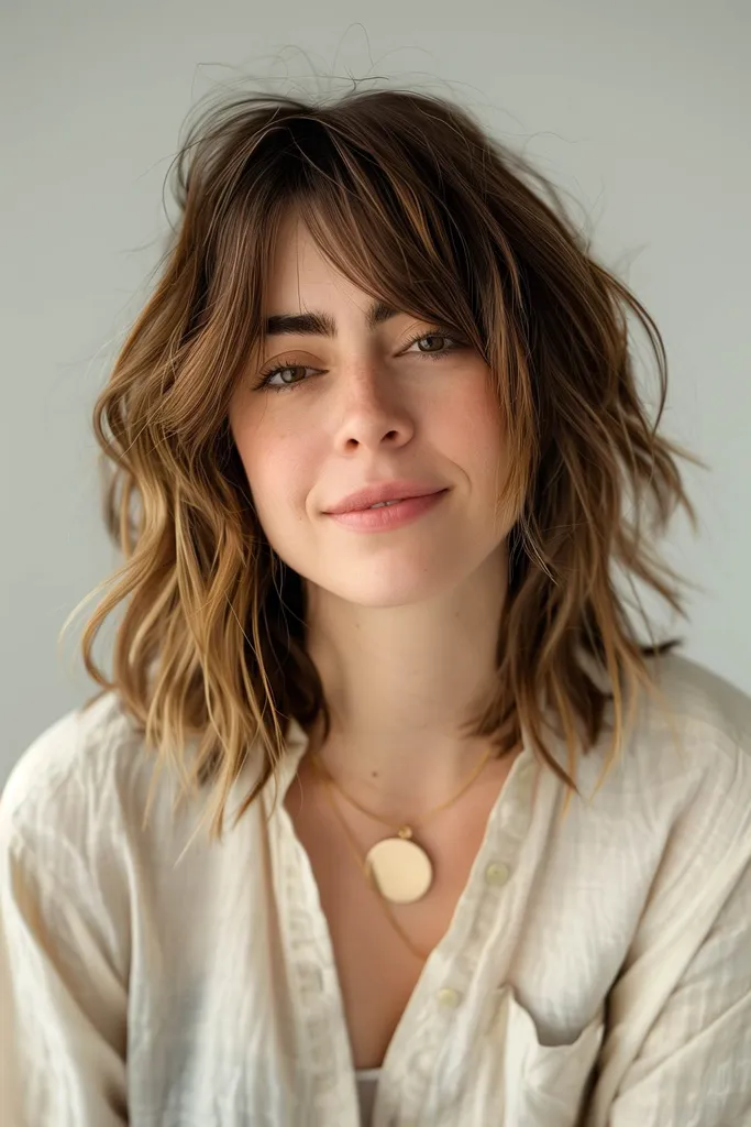 Lob ondulé avec des couches texturées ajoutant de la dimension et du mouvement, adapté aux cheveux de densité moyenne' title=