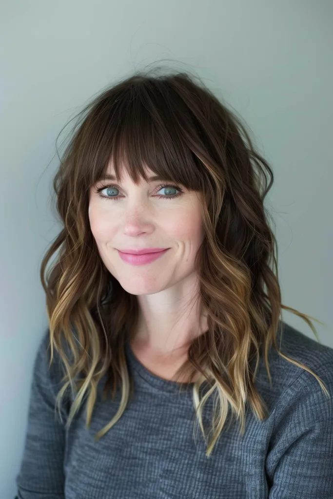 Coupe de cheveux mi-longue avec des couches texturées et une frange agitée adaptée aux cheveux fins à moyens' title=