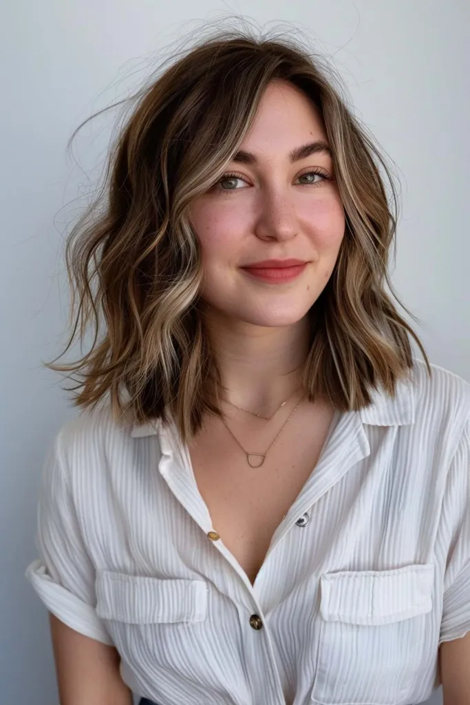 Coupe de cheveux texturée jusqu'à la clavicule avec des couches douces ajoutant du volume et du mouvement naturels aux cheveux mi-longs' title=