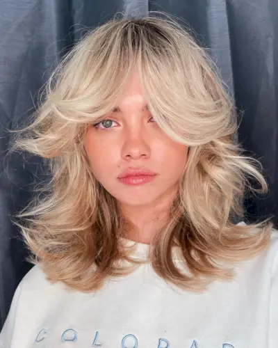 Choppy Medium Shag with Long Curtain Bangs