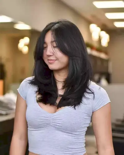 Straight Layered Cut with Face-Framing Bangs and Middle Part on Dense Hair