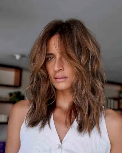 Medium-Length Thick Shaggy Cut with Caramel Brown Tones