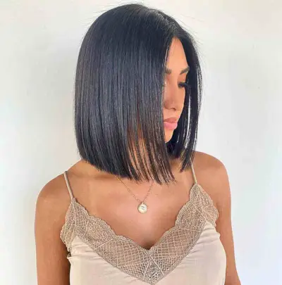 Picture of a jet black blunt cut shoulder length hair