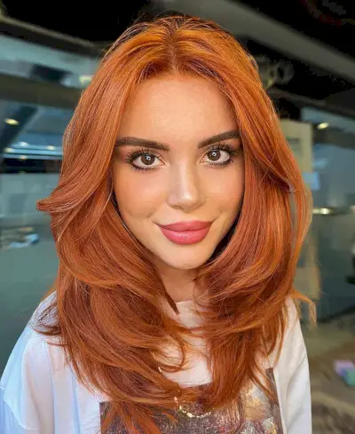 Sexy Copper Face-Framing Layers on Medium-Length Hair