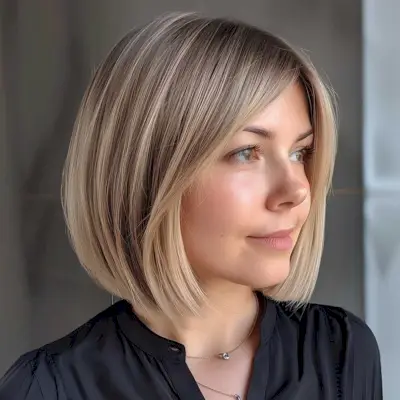 Tapered Medium Bob Haircut with Long Side-Swept Bangs and Ash Blonde Hue
