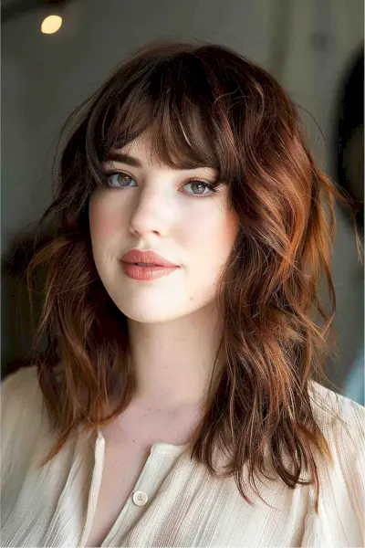 Shoulder-grazing layered waves with curtain bangs in rich auburn color for an oval face