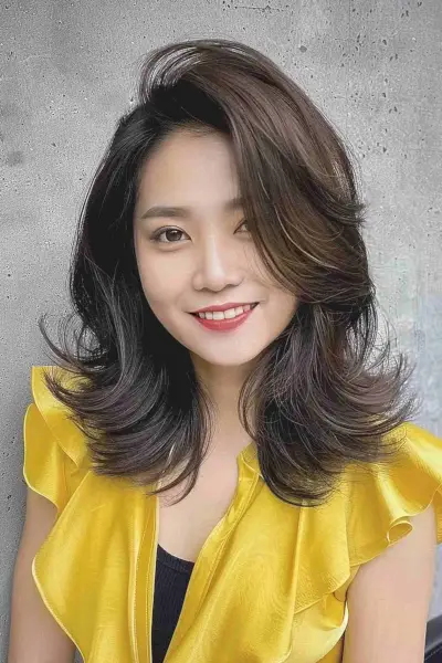 Feathery cut for medium-length hair with soft, voluminous layers.