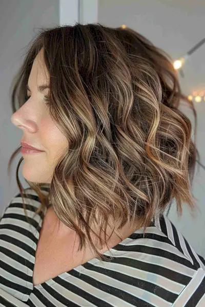 Long angled bob with curled ends