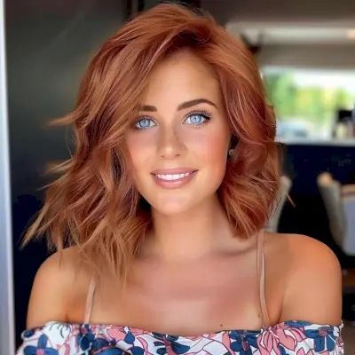 Wavy red asymmetrical hair with highlights
