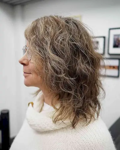 Messy Wavy Textured Cut for Older Women with Medium Hair