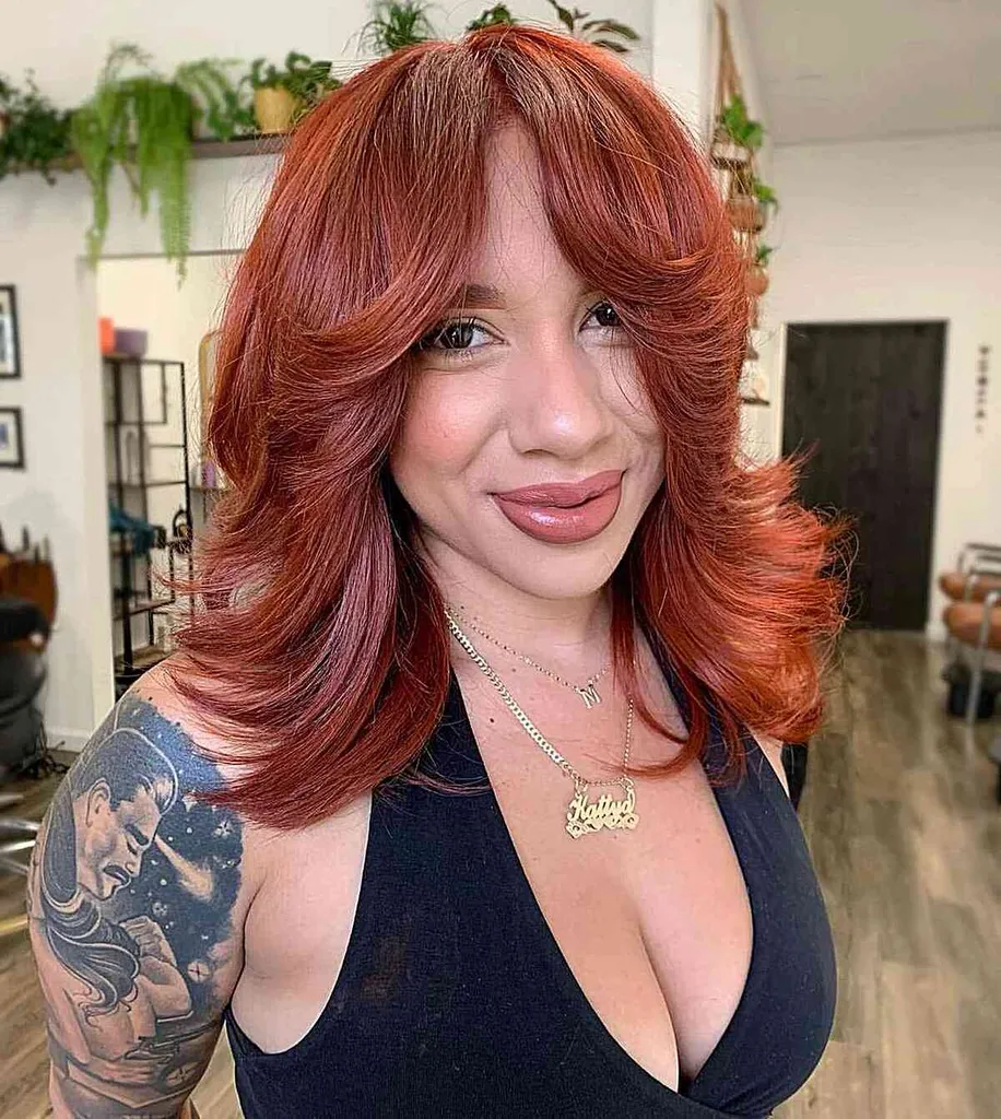 Cabelo de penas vermelhas na altura dos ombros com camadas irregulares e franjas de cortina' title=