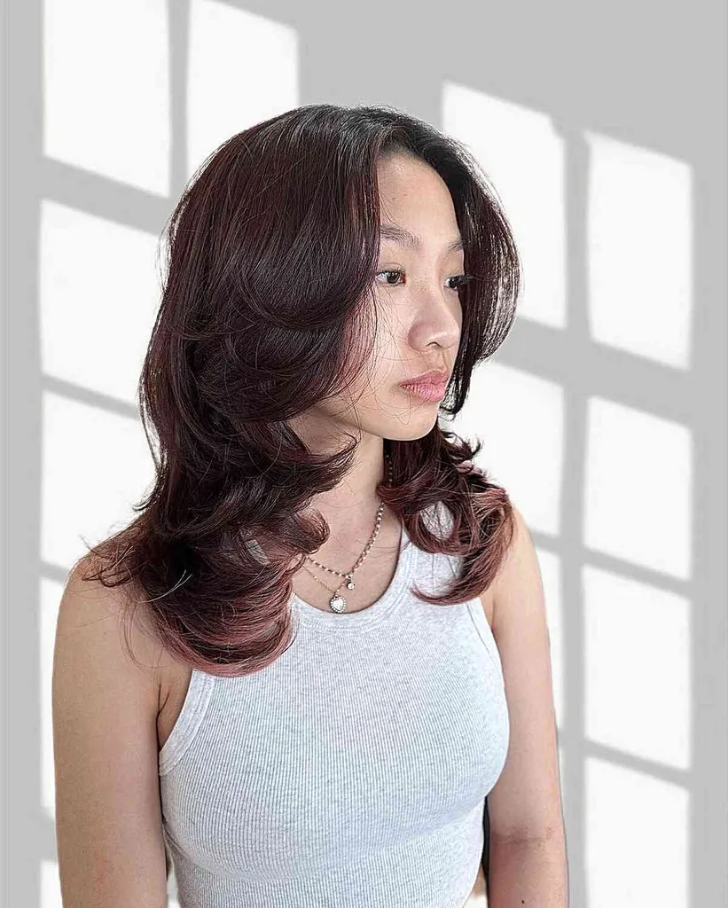 Cabelo médio escuro Brugundy com camadas de penas viradas para cima' title=