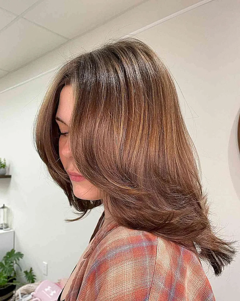 Cabelo castanho dourado com penas que chega até os ombros' title=