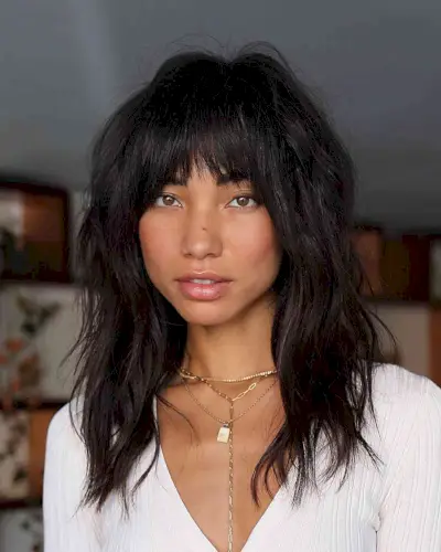 Choppy Jet Black Shag with Choppy Fringe at Collarbone-Length for Heart Faces
