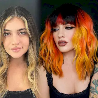 Medium Vivid Orange and Yellow Layered Waves with Black Bangs