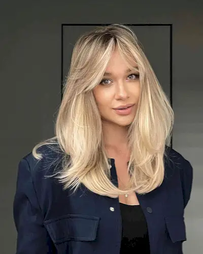 Medium-Length Barbie Blonde Layers and Bangs