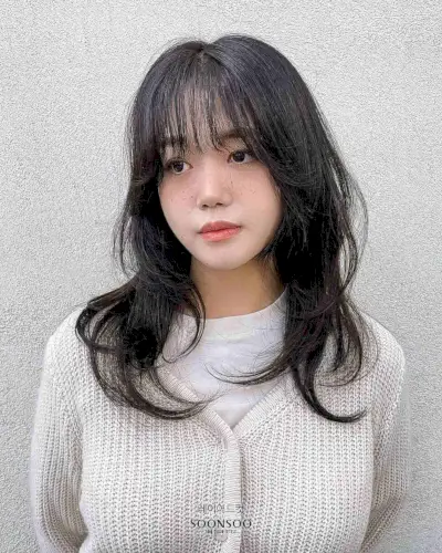 Soft Layered Straight Medium Cut with Bangs