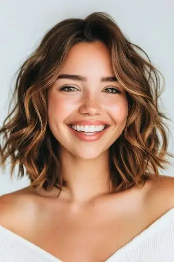 어깨 길이의 웨이브 헤어스타일.