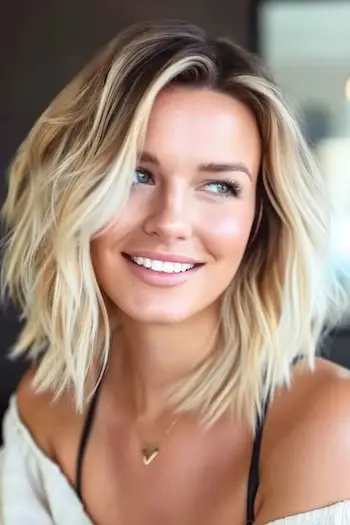 어두운 뿌리의 어깨 길이 이발과 함께 헝클어진 금발 레이어.