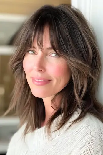 희미한 앞머리로 어깨 길이 컷.