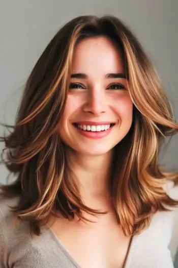 어깨 길이의 깃털 레이어 이발.