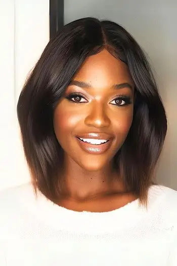 희미하게 끝나는 어깨 길이의 이발이 있는 직선형 긴 밥.