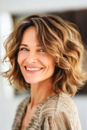 헝클어진 레이어드 웨이브 롱 밥 헤어스타일.