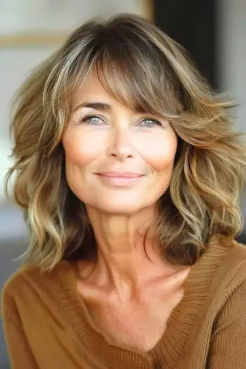 중간 길이의 깃털 레이어와 앞머리 어깨 길이 이발.