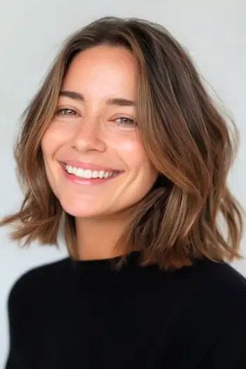 부드러운 질감의 롱 보브 어깨 길이 헤어컷.