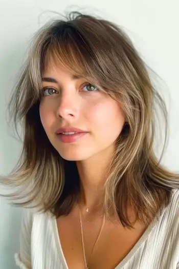 중간 길이의 위스피 스트레이트 컷과 앞머리 어깨 길이 헤어컷.