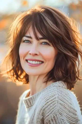 어깨 길이의 레이어드 로브와 앞머리 헤어스타일.