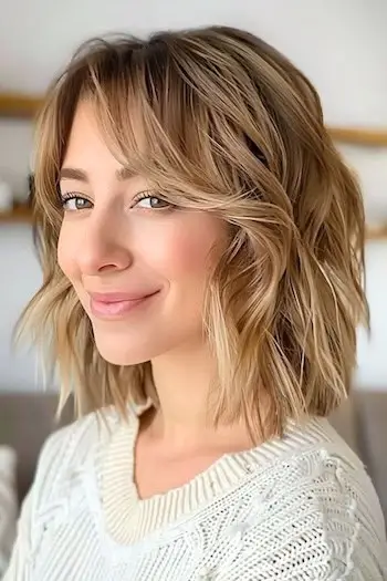 커튼 앞머리가 있는 어깨 길이의 블런트 컷.