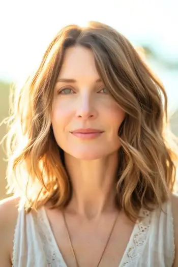 밝은 갈색 웨이브 어깨 길이 이발.