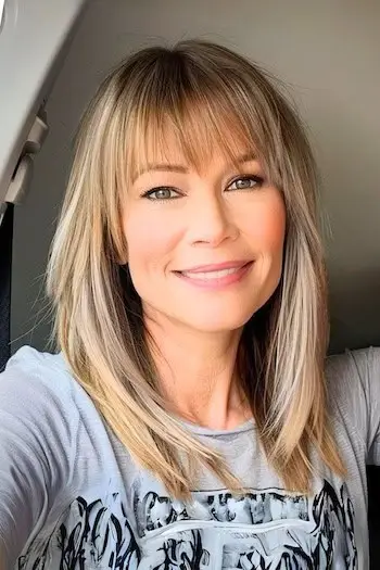 앞머리가 있는 어깨 길이의 일자 머리.