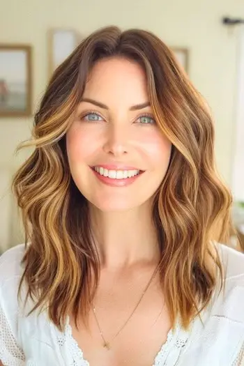 Mittellange Frisur mit strukturierten Strandwellen.