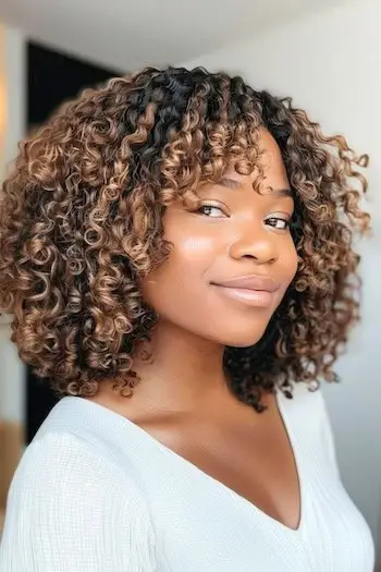 Schulterlange Locken, mittellange Frisur.