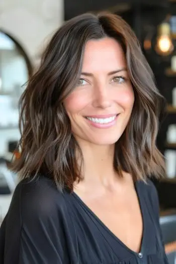 Strukturierte, mittellange, stückige Lob-Frisur.