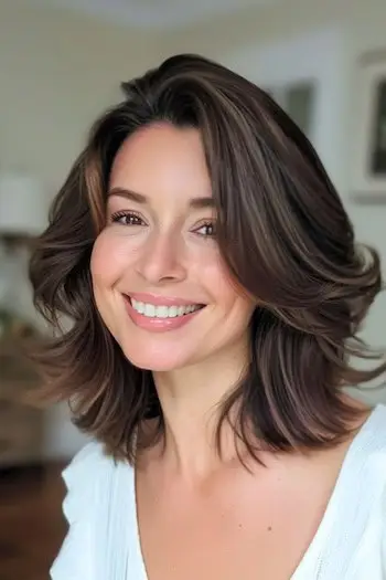 Schulterlange Stufen mit umgeschlagenen Enden, mittellange Frisur.