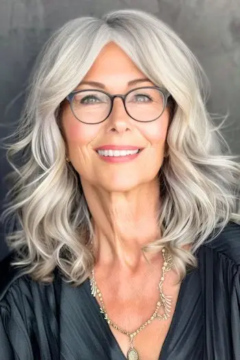 Silberne Wellen mit Curtain Bangs Mittellange Frisur.