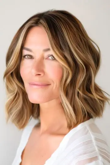 Welliger, hervorgehobener Lob (Long Bob) mittellange Frisur.