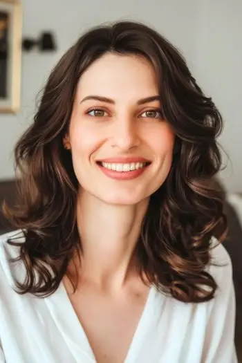 Mittellange Stufen mit weicher Lockenfrisur.