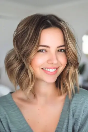 Weiche, gewellte, mittellange Frisur.