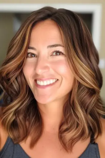 Weiche, schulterlange Wellen, mittellange Frisur.