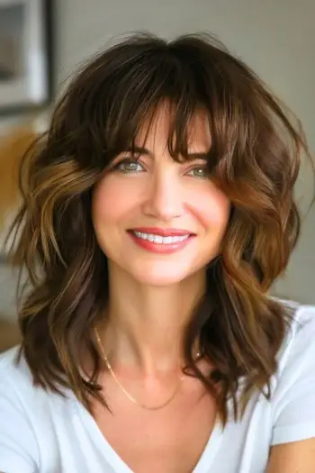 Mittlere Wellen mit Pony für dickes Haar, mittellange Frisur.